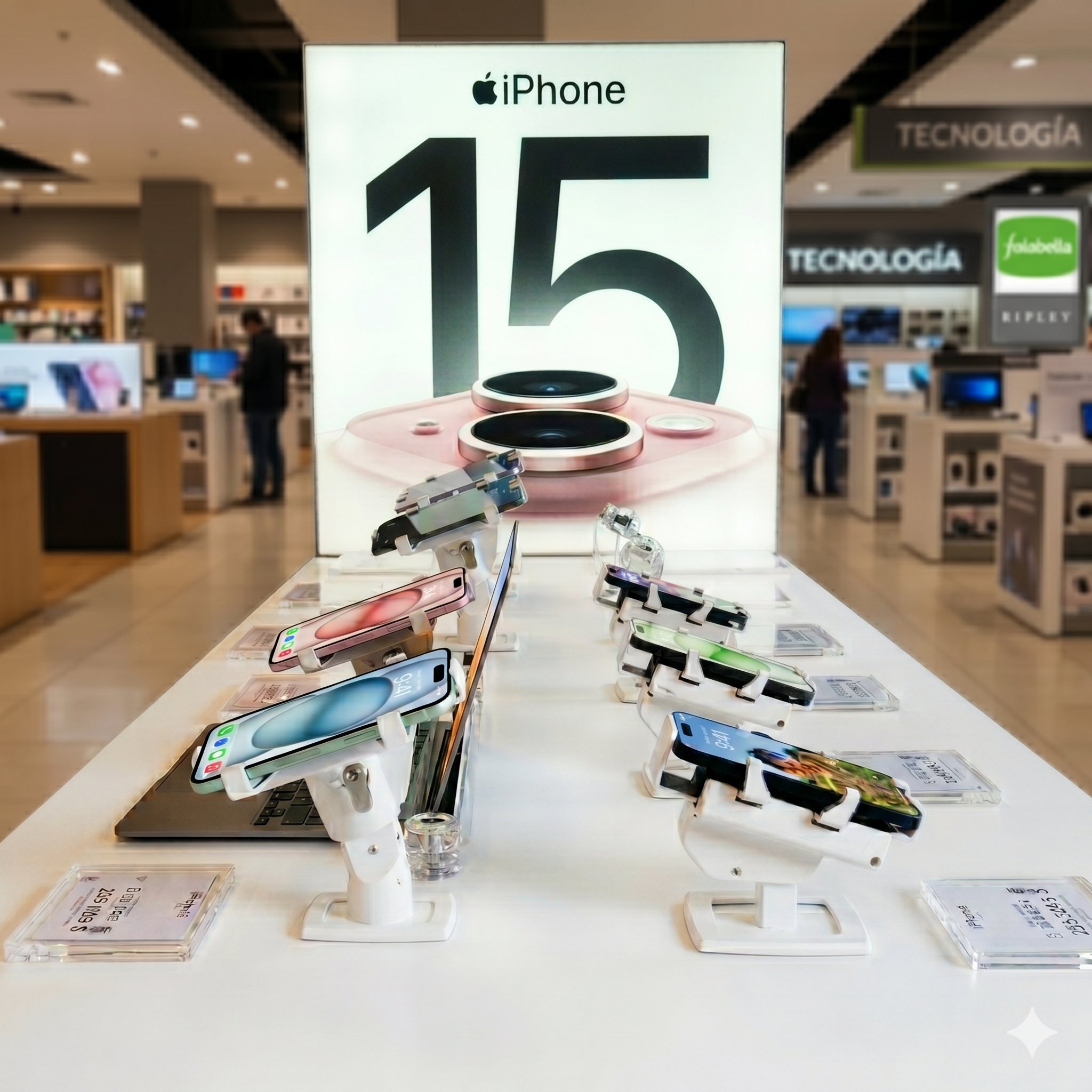Exhibición de iPhone protegida con sistema antirrobo Northtrade en tienda retail