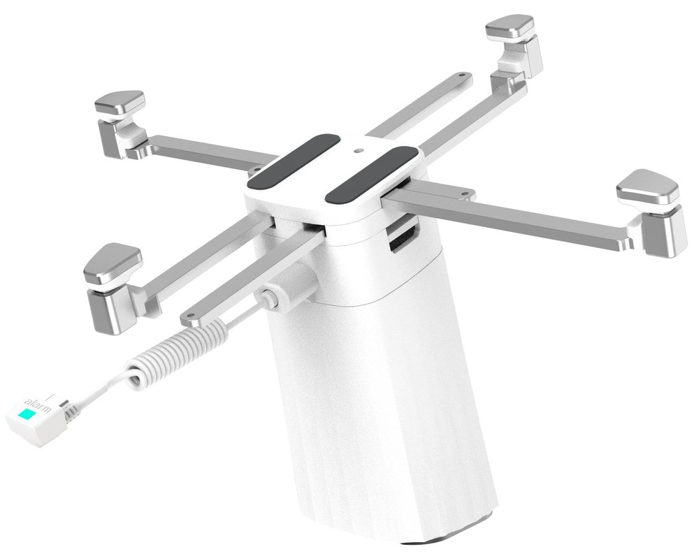 NHT Strong Recoiled tablet - vista frontal del pedestal con brazos extra largos