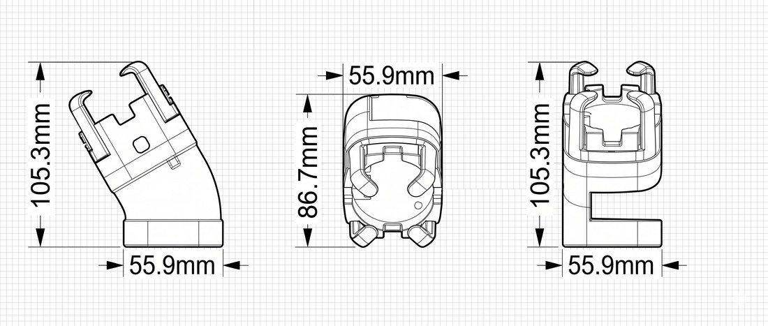 NHT Watch Mechanic - plano técnico con dimensiones: 105.3mm alto, 55.9mm ancho, 86.7mm profundidad