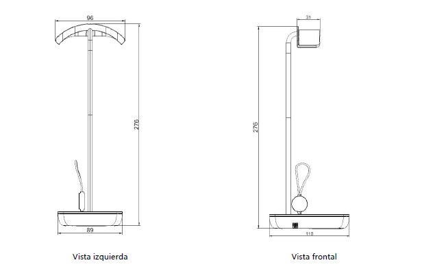 NHT Wearable - plano técnico con dimensiones: altura 276 mm, ancho 96 mm, base 89x110 mm