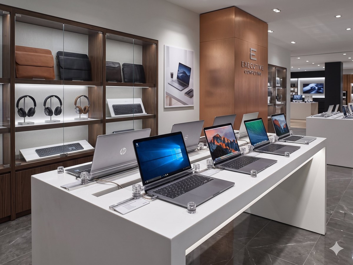 Zona de notebooks en retail con soportes Protrack instalados